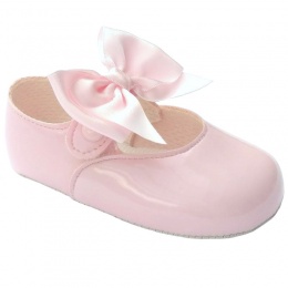 Baby Girls Pink Large Satin Bow Patent Pram Shoes